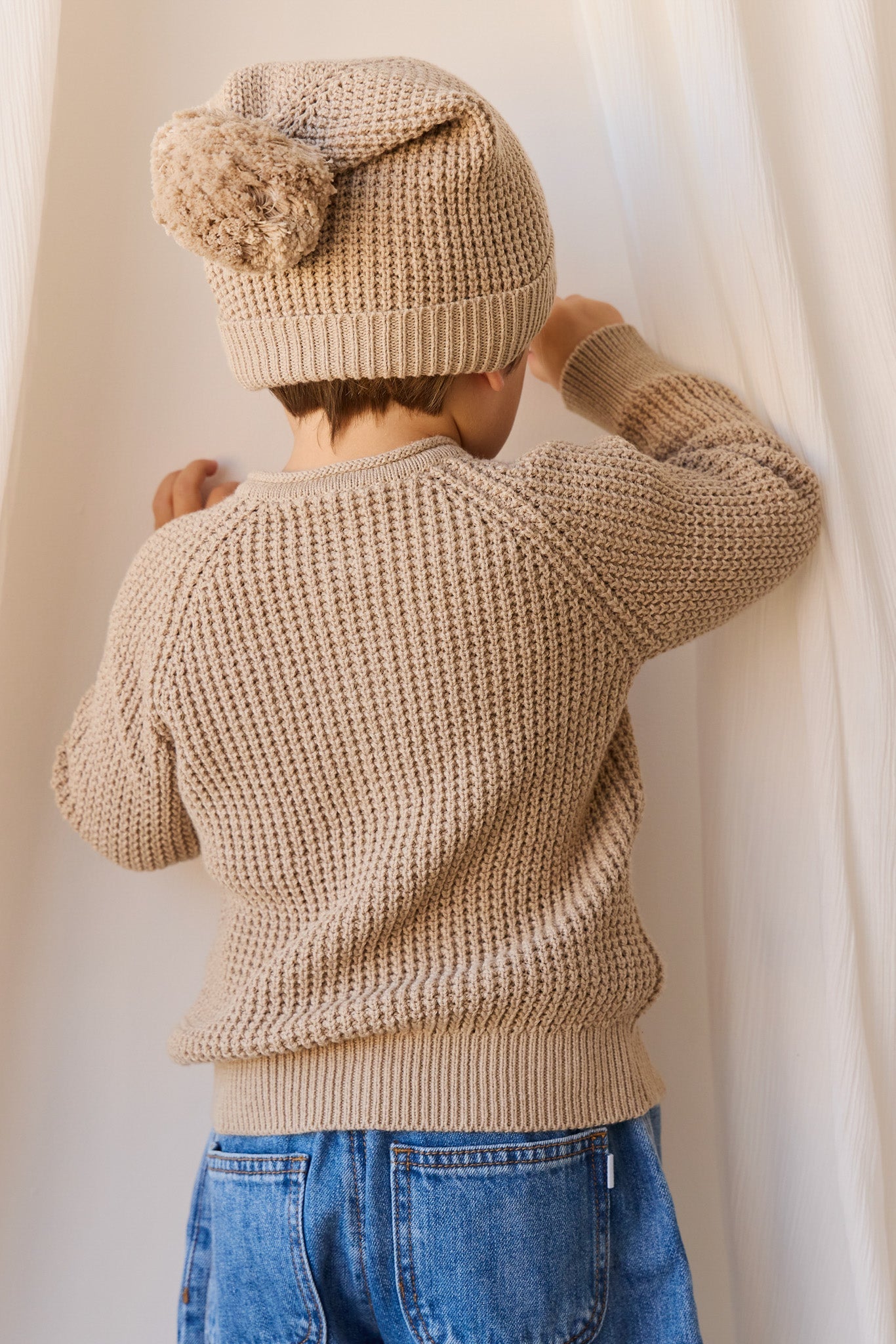 Bonnet en maille de coton doux couleur sable chiné avec revers côtelé pour bébés et enfants garçons et filles de 0 à 2 ans et plus