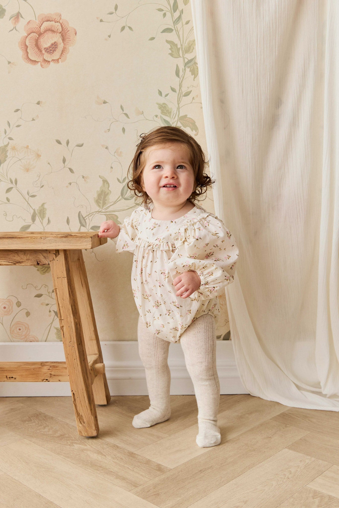 Barboteuse en coton biologique à imprimé floral antique avec boutons-pression pour fillettes de 2 à 3 ans