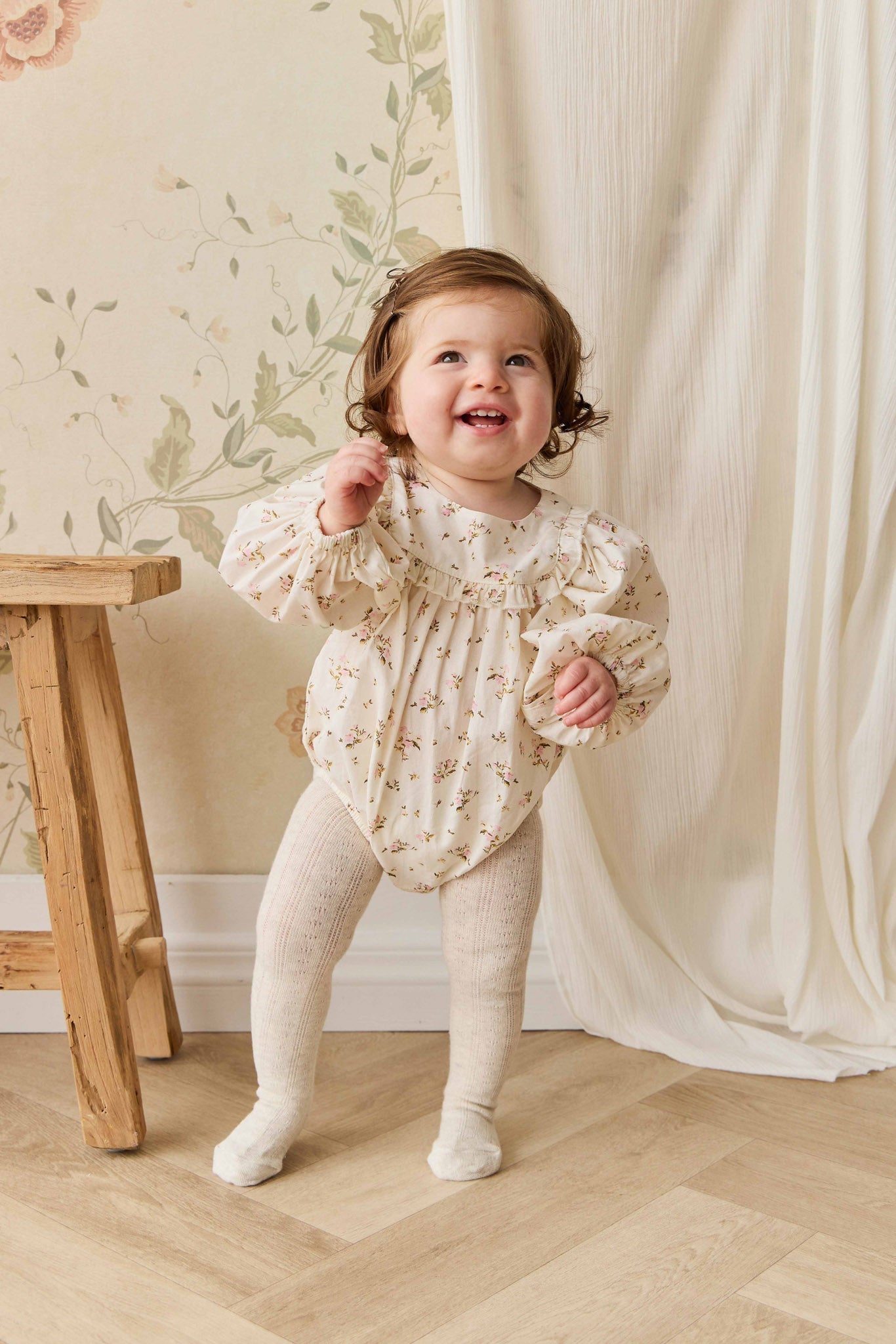 Barboteuse en coton biologique à imprimé floral antique avec boutons-pression pour fillettes de 2 à 3 ans