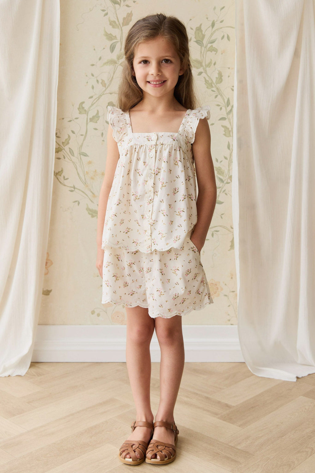 Short en coton biologique imprimé floral antique avec taille élastique pour bébés et petites filles de 6 mois à 3 ans