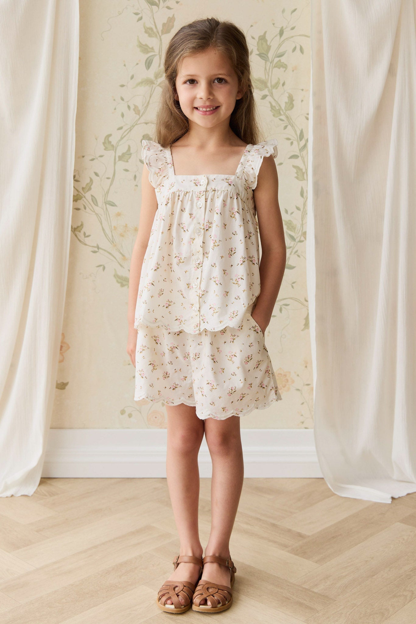 Short en coton biologique imprimé floral antique avec taille élastique pour bébés et petites filles de 6 mois à 3 ans