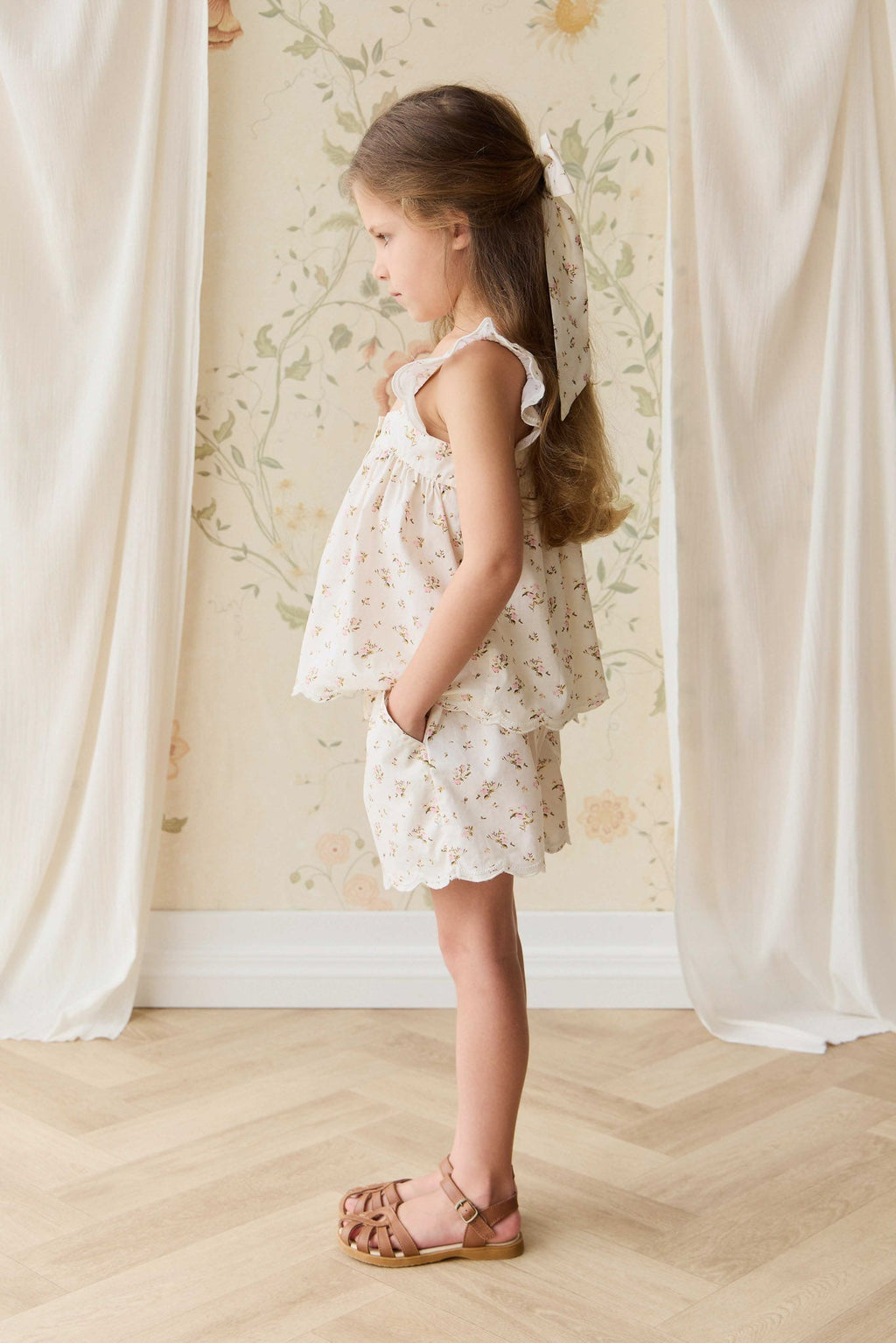 Short en coton biologique imprimé floral antique avec taille élastique pour bébés et petites filles de 6 mois à 3 ans