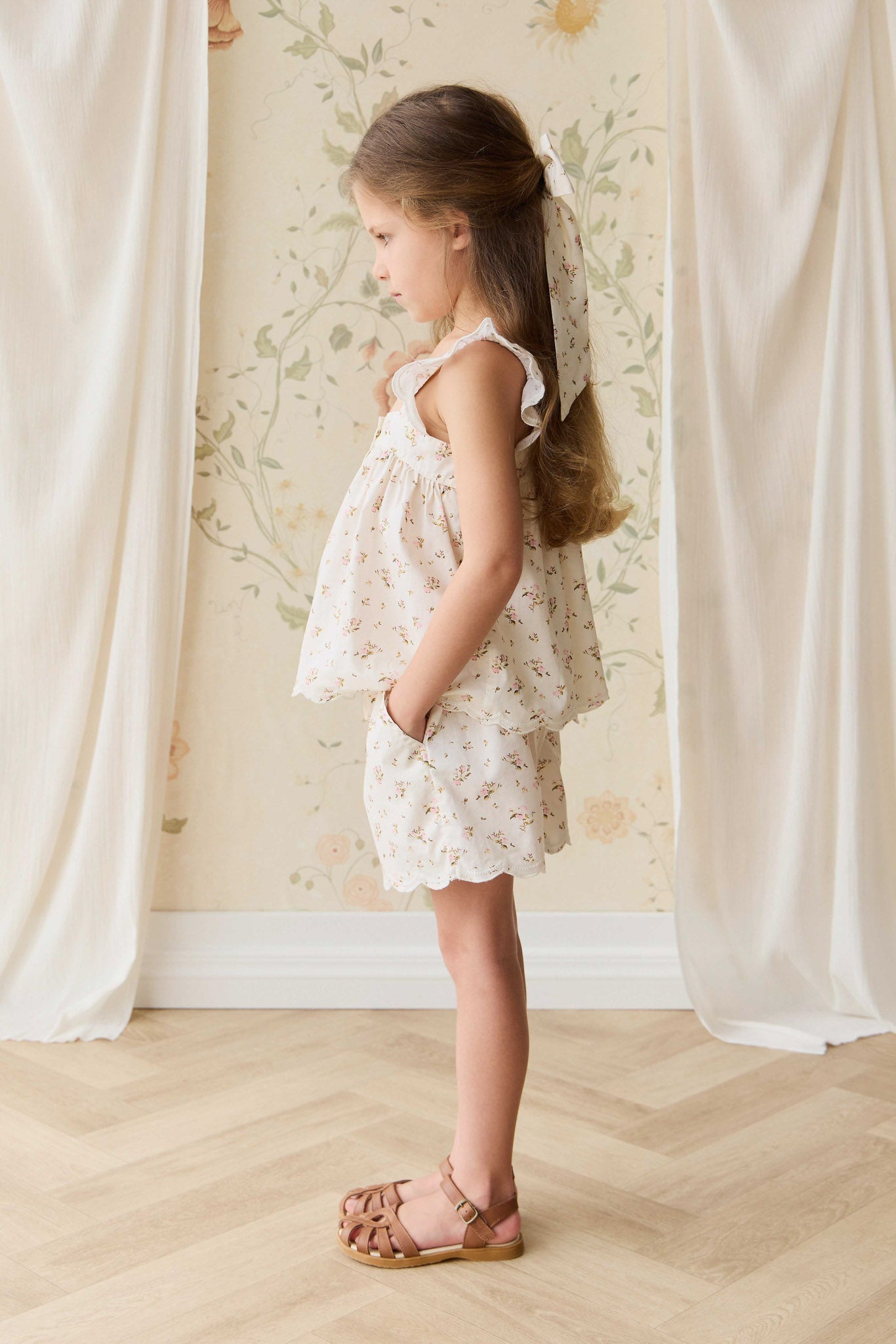 Short en coton biologique imprimé floral antique avec taille élastique pour bébés et petites filles de 6 mois à 3 ans