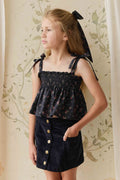 Haut classique noir en coton biologique à fleurs avec volants pour bébés et petites filles de 0 à 6 ans