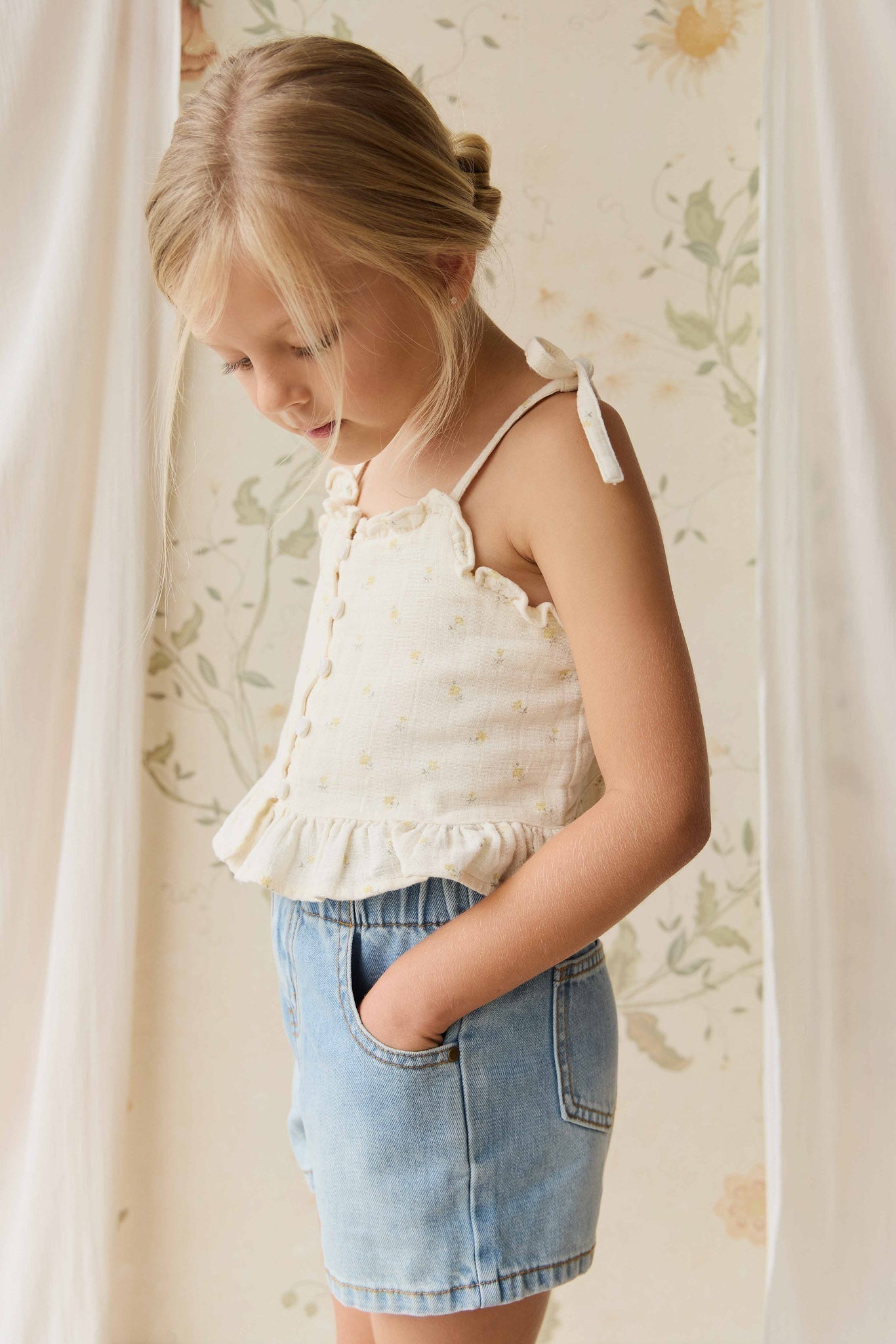 Haut en mousseline de coton biologique à imprimé fleuri vintage avec col à volants pour bébés et petites filles de 6 mois à 4 ans