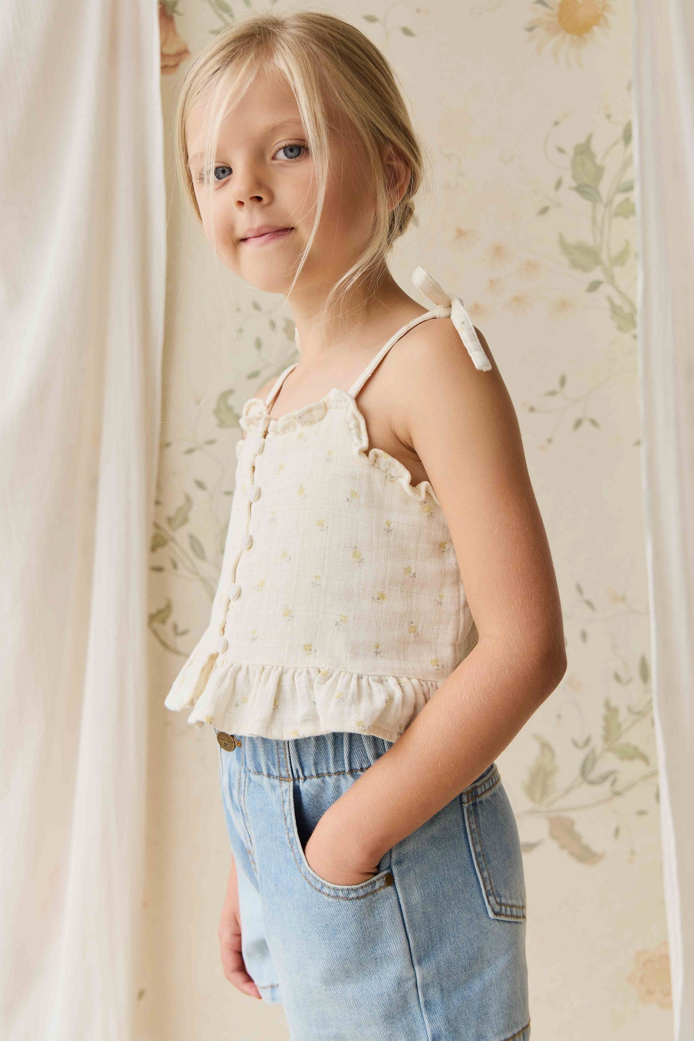Haut en mousseline de coton biologique à imprimé fleuri vintage avec col à volants pour bébés et petites filles de 6 mois à 4 ans