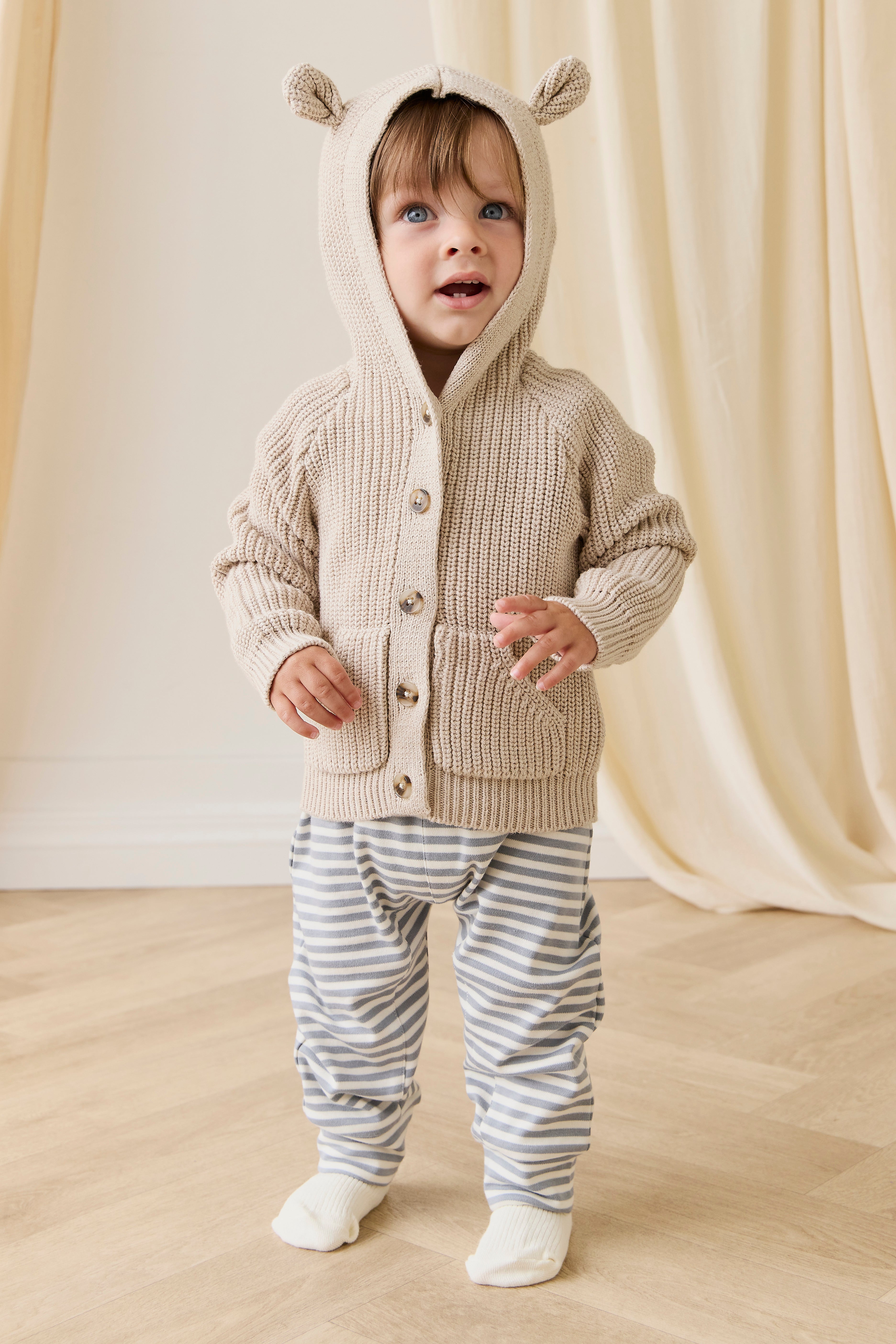 Gilet en Coton Tricoté Classique à Capuche et Boutonné en Avoine pour Bébés et Petits Garçons 0-5 Ans