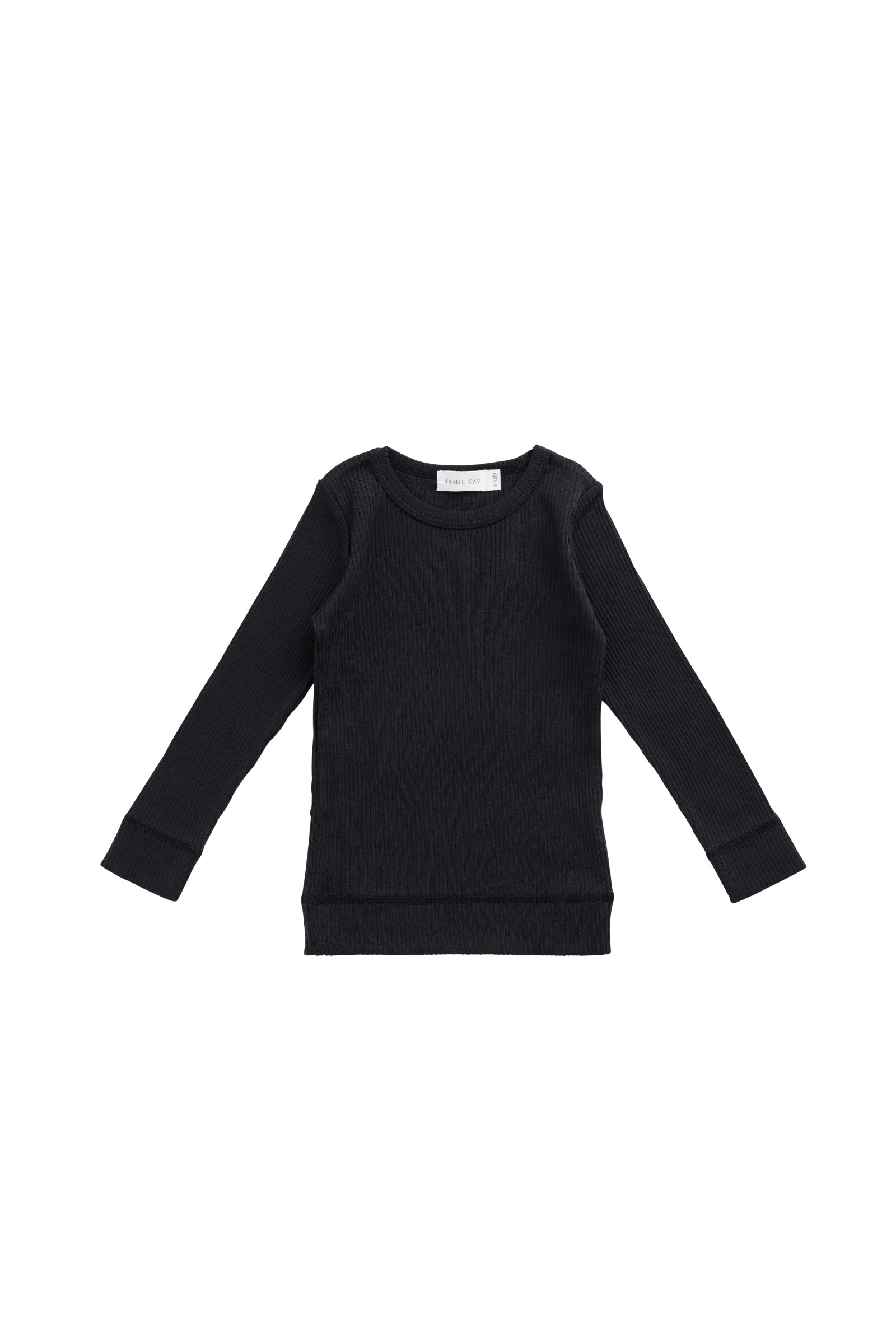 Haut classique en coton modal biologique noir ébène à manches longues avec poignets côtelés pour bébés et petites filles