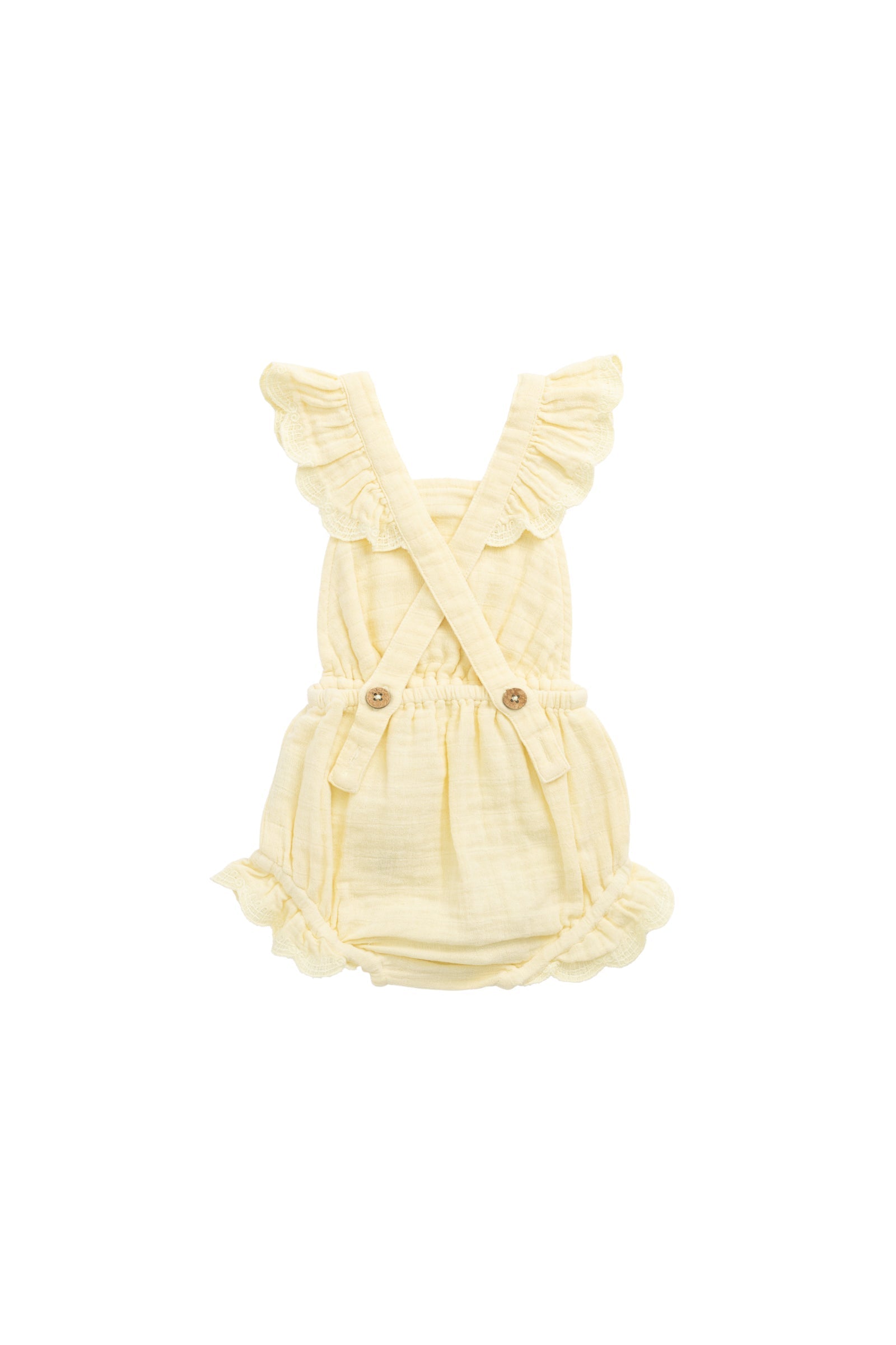 Salopette en mousseline de coton biologique jaune soleil uni avec bretelles à nouer pour petites filles de 3 ans