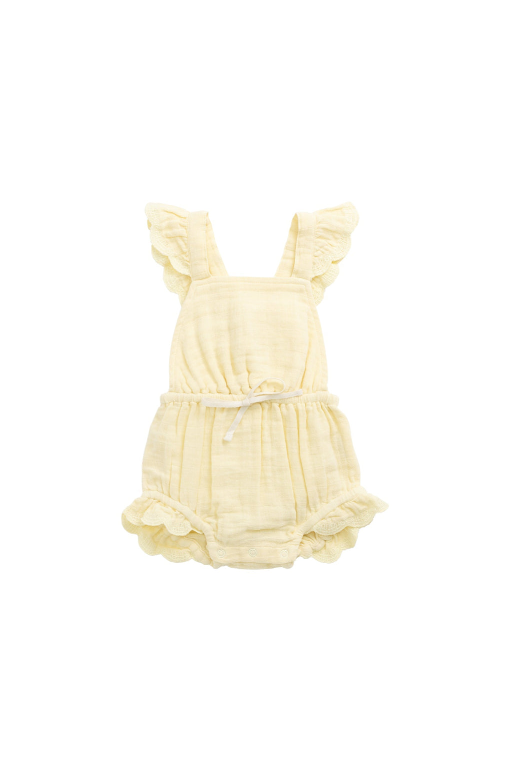 Salopette en mousseline de coton biologique jaune soleil uni avec bretelles à nouer pour petites filles de 3 ans