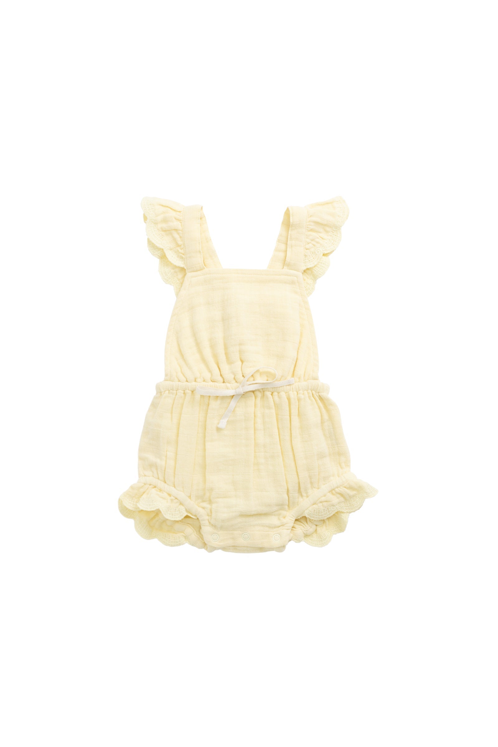 Salopette en mousseline de coton biologique jaune soleil uni avec bretelles à nouer pour petites filles de 3 ans