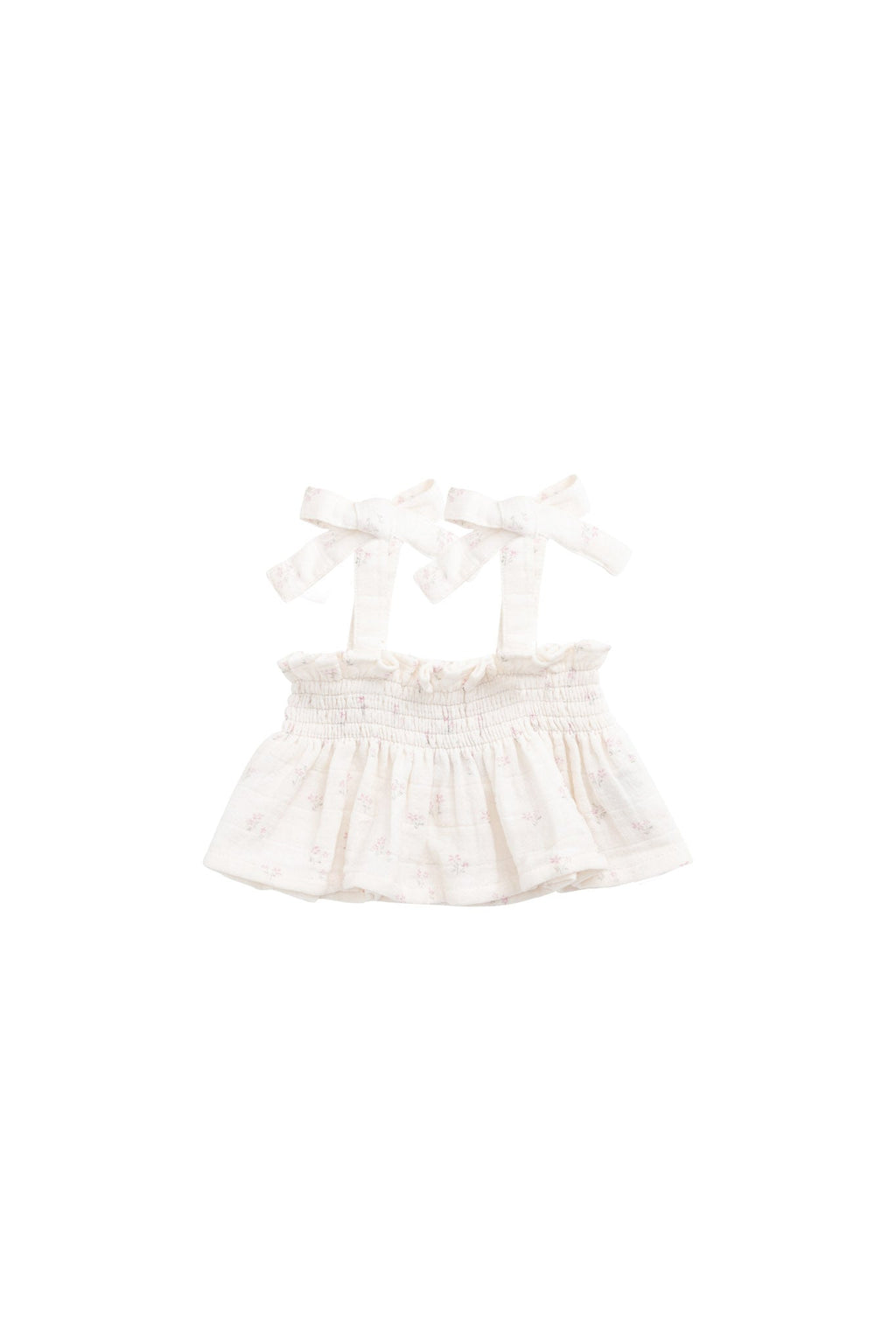 Haut Camisole en Mousseline de Coton Bio Rose Pâle à Petites Fleurs Romantique avec Corps Smocké et Bretelles à Nouer pour Bébé Fille 0-3M