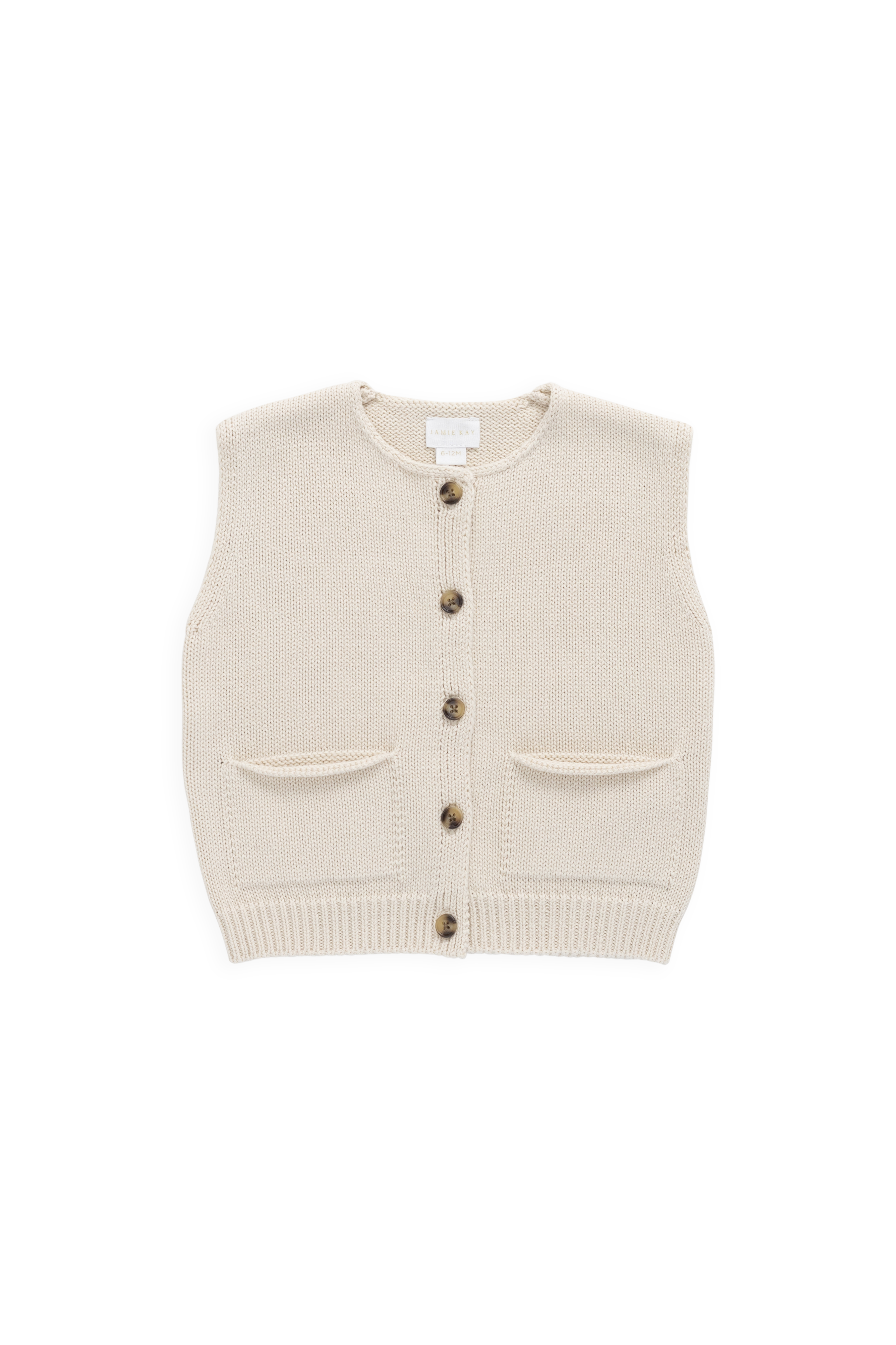 Gilet en maille de coton uni vanille classique sans manches avec boutons sur le devant et poches plaquées pour les tout-petits garçons de 6 mois à 8 ans